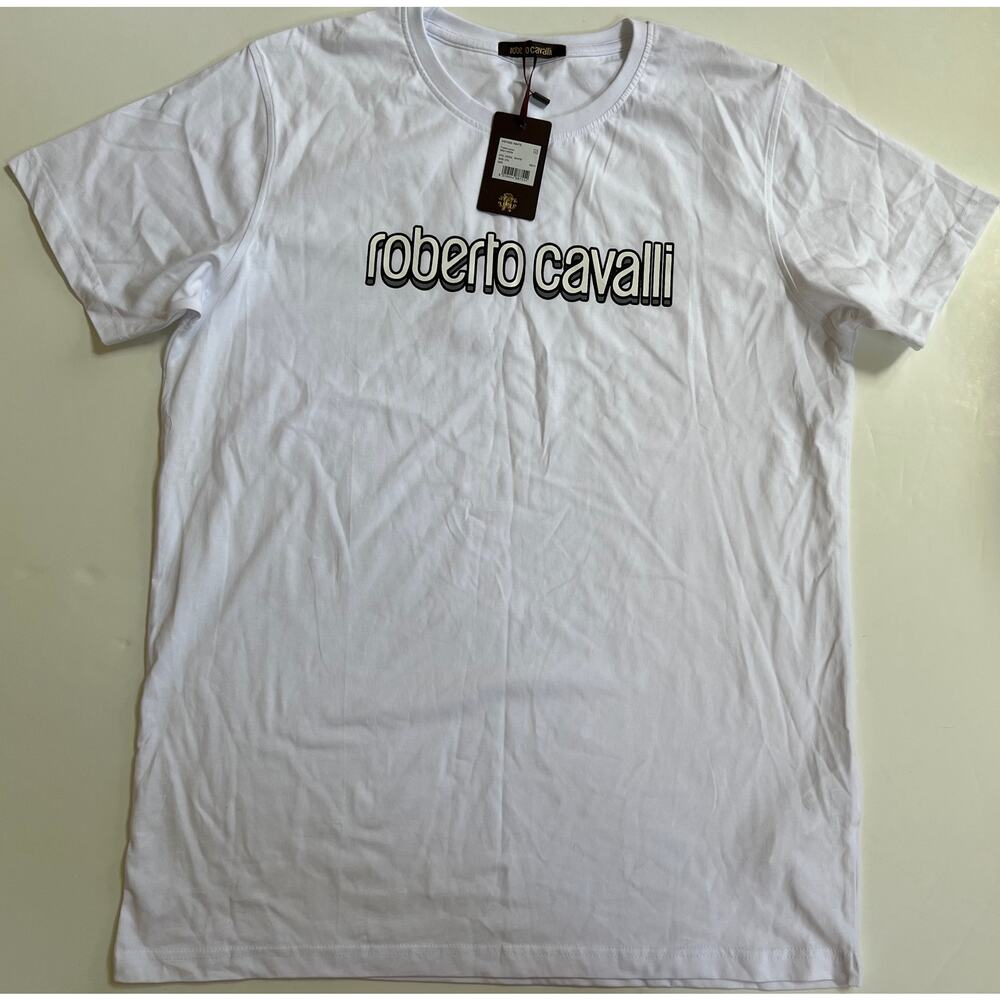 Roberto Cavalli Designer Graphic Logo T-shirt Cotton Size 2XL NWT